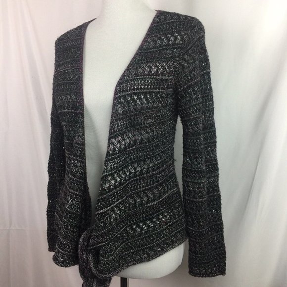 A2 Armand & Alba Cropped Sweater Loose Open Weave Tie Front USA Purple Gray - Picture 1 of 8